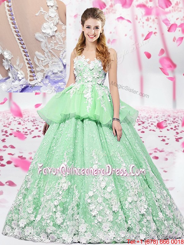 Colorful Scoop Sleeveless Sweet 16 Dress Floor Length Lace and Appliques Organza and Tulle