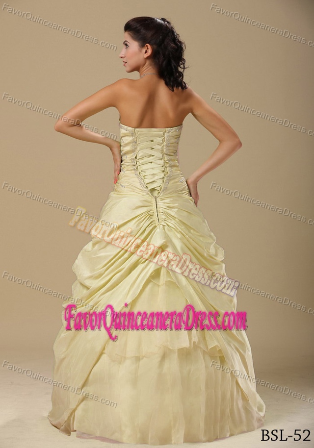 Cheap Beaded Yellow Taffeta Organza Quince Gown Dress with Bow