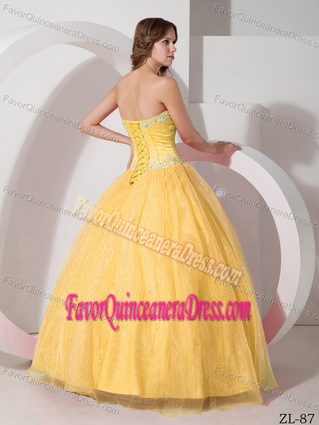 Latest Appliqued Organza Taffeta Gold Quinceanera Dress for Wholesale