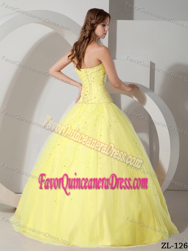 Recommended Strapless Beaded Yellow Quinces Dresses in Tulle Taffeta