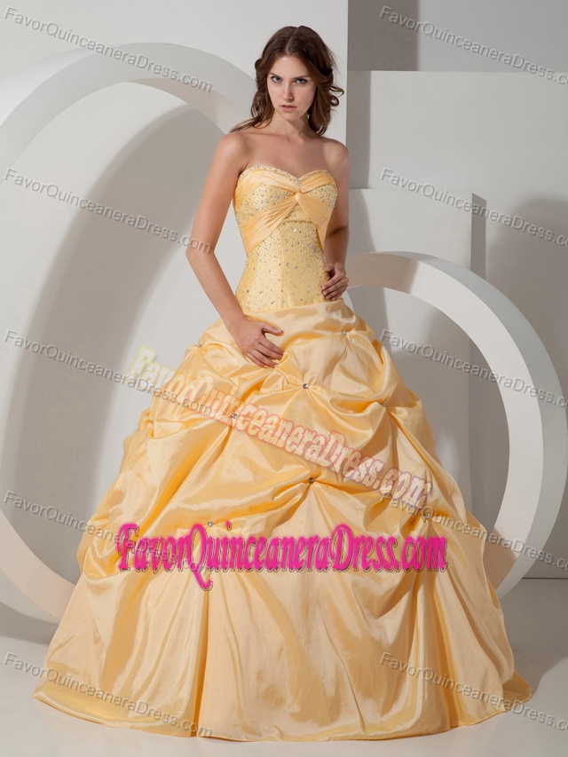 Exclusive Beaded Taffeta Yellow Quinceanera Gown Dress with Pick-ups