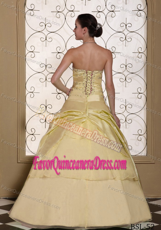 Cheap Lace-up Yellow Taffeta Organza Quinceanera Gown Dress with Beads