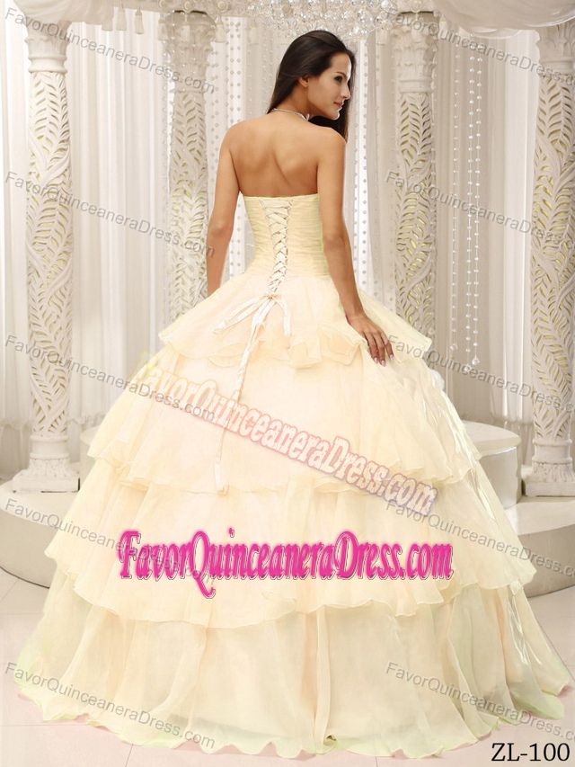 Customized Tiered Champagne Sweet 16 Quince Dress in Organza with Flowers