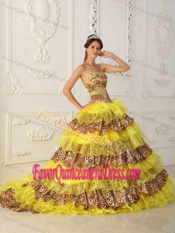 Stylish Leopard Print Tiered Multi-color Quinceaneras Dress in Organza