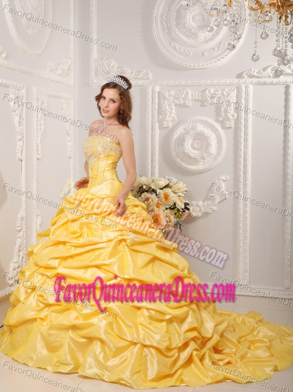 Fabulous Court Train Taffeta Yellow Dress for Quinceanera with Pick-ups
