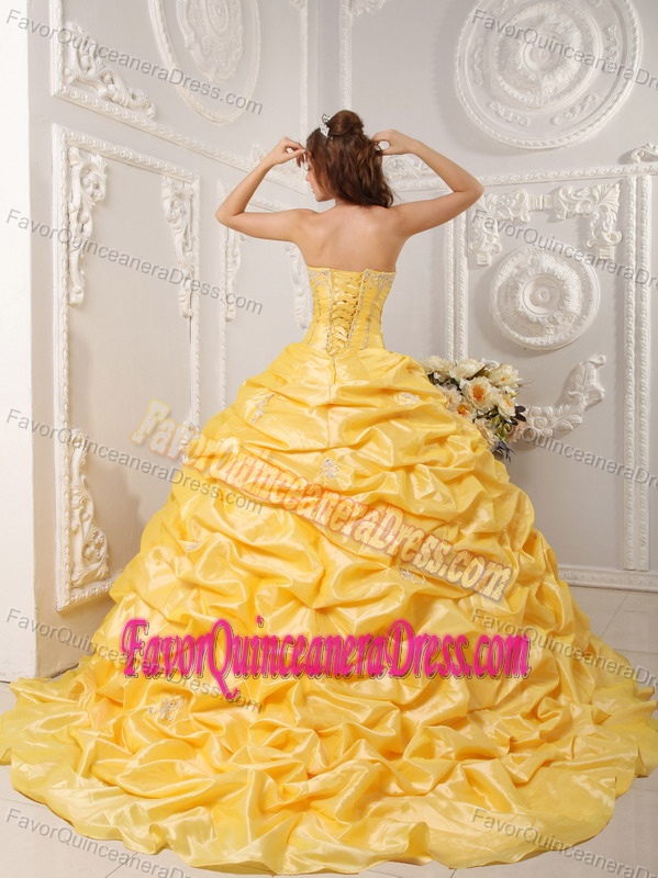Fabulous Court Train Taffeta Yellow Dress for Quinceanera with Pick-ups