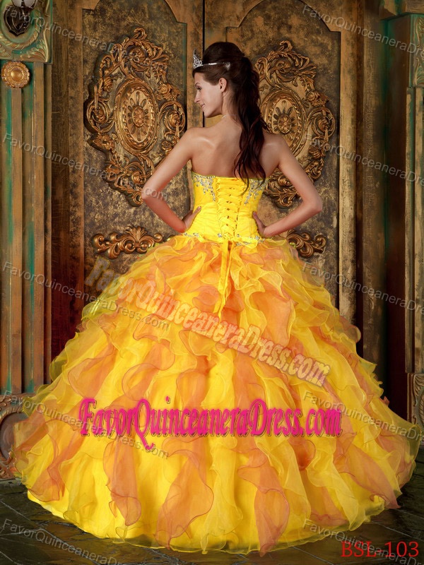 Gorgeous Sweetheart Beaded Ruffled Yellow Quinceanera Gown for Sale