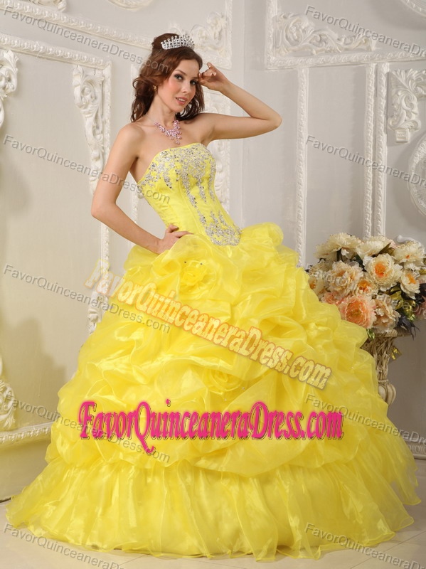 Latest Appliqued Yellow Organza Ball Gown Quinces Dresses with Flowers