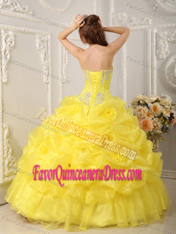 Latest Appliqued Yellow Organza Ball Gown Quinces Dresses with Flowers