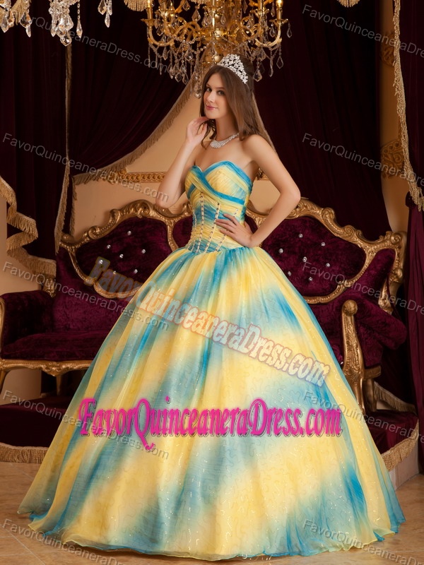 New Ombre Yellow Blue Gradient Organza Sweet Sixteen Dress with Paillette