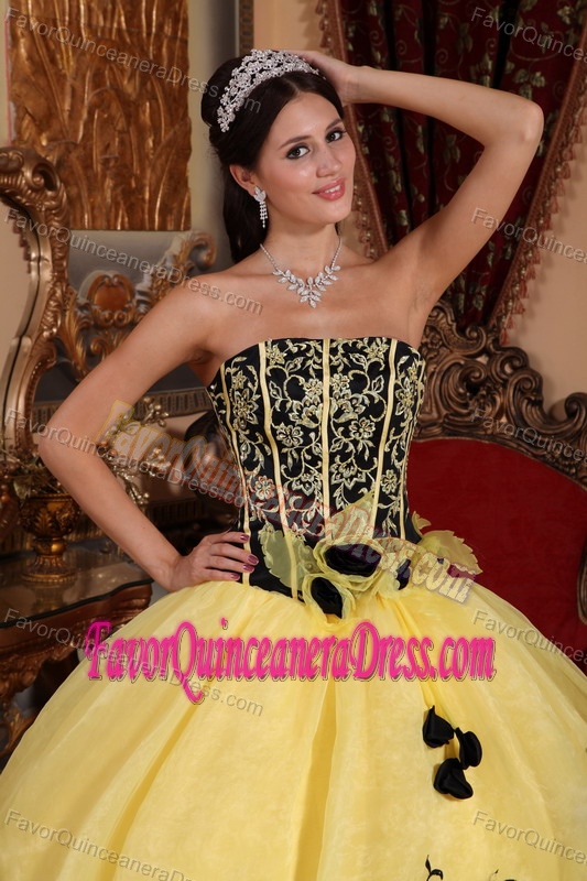 Trendy Organza Yellow and Black Dress for Quinceanera with Embroidery