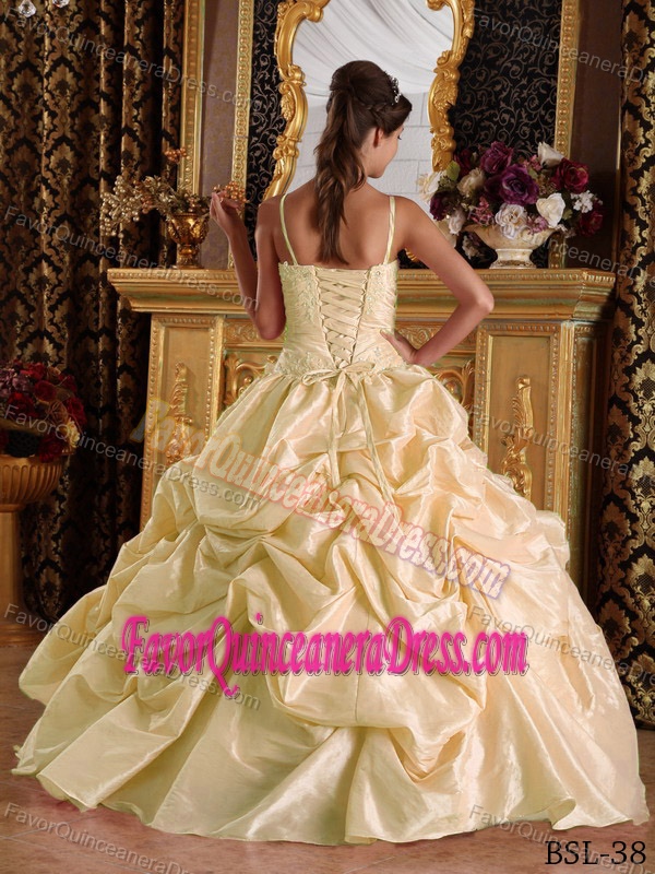 Clearance Spaghetti Straps Taffeta Champagne Quince Dress with Appliques