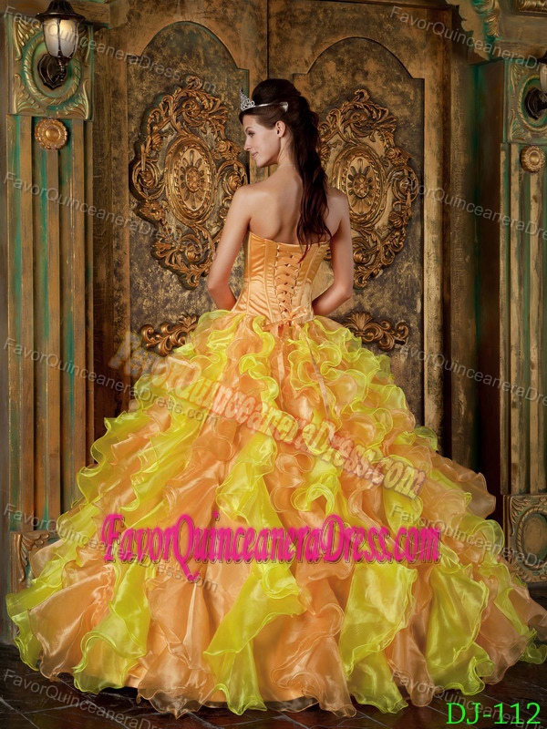 Fabulous Satin Organza Ruffled Yellow Sweet 15 Dresses Fast Shipping