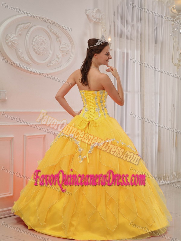 Good Quality Appliqued Ruffled Tulle Yellow Quinceanera Dress Ball Gown