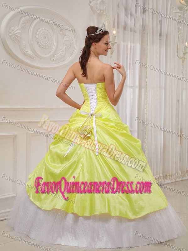 Best Seller Strapless White and Yellow Quinceanera Gown in Taffeta Tulle
