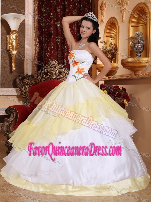 Plus Size Embroidered White and Light Yellow Quinces Dress Organza Taffeta