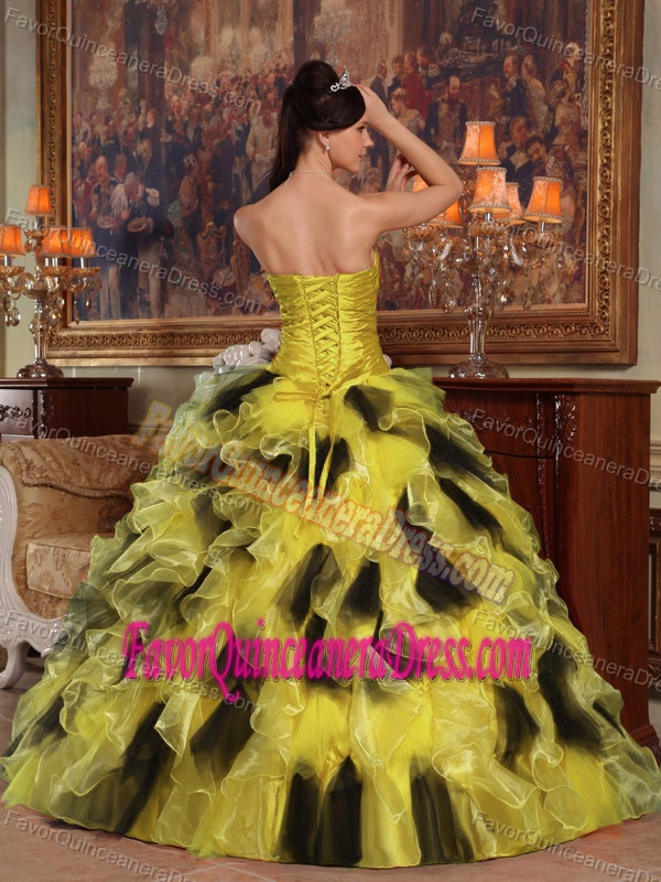 New Ruffled Organza Taffeta Fall Quinceanera Dress in Yellow and Black