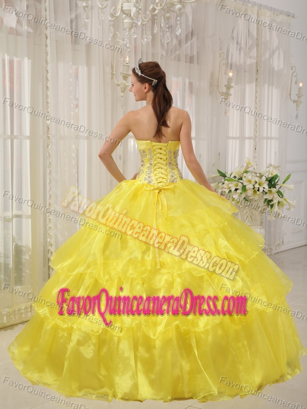 2013 Stylish Tiered Yellow Taffeta Organza Sweet 15 Dresses with Beading