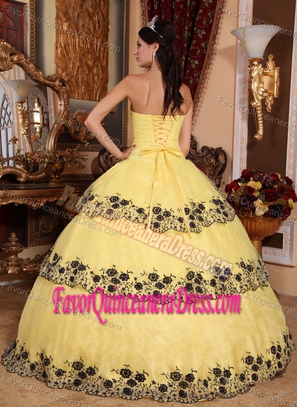 New Strapless Ball Gown Yellow Organza Quinces Dress with Embroidery