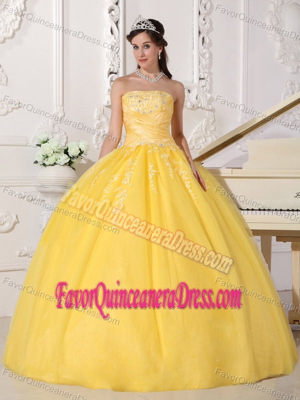 Recommended Strapless Yellow Taffeta Tulle Sweet 15 Dress with Appliques
