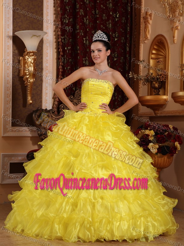 Fabulous Beaded Ruffled Yellow Organza Sweet 16 Dresses on Promotion