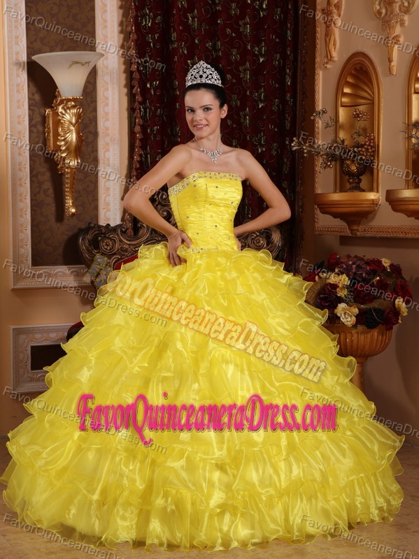 Fabulous Beaded Ruffled Yellow Organza Sweet 16 Dresses on Promotion