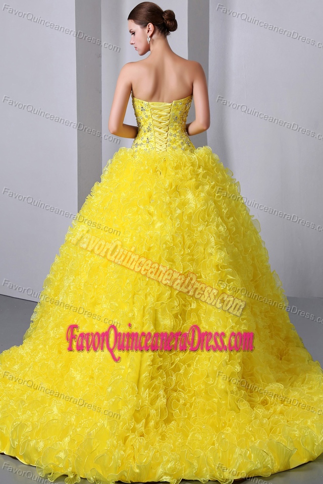 Gorgeous Organza Yellow Quinceanera Gown Dresses with Rolling Flowers