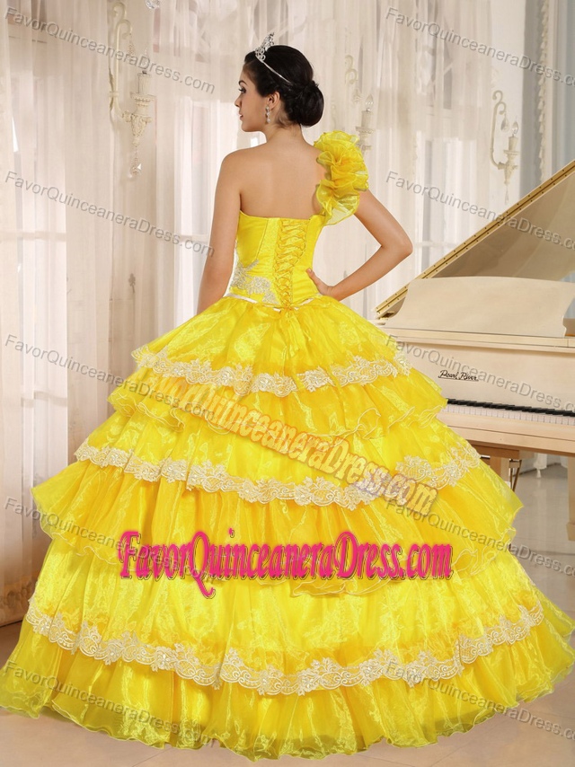 Amazing One Shoulder Tiered Yellow Quinceanera Gown Dress in Organza