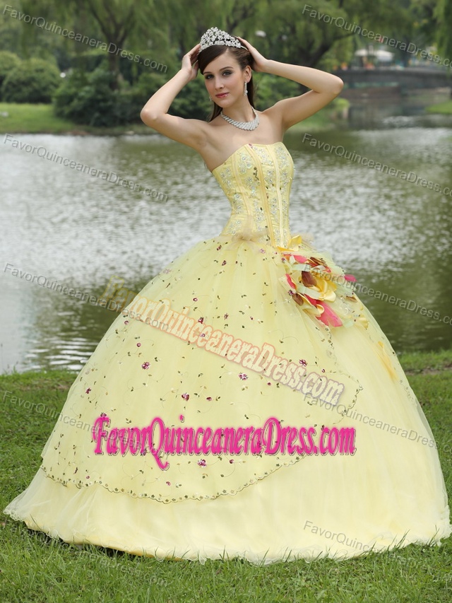 Best Yellow Embroidered Organza Taffeta Quince Dress with Flower