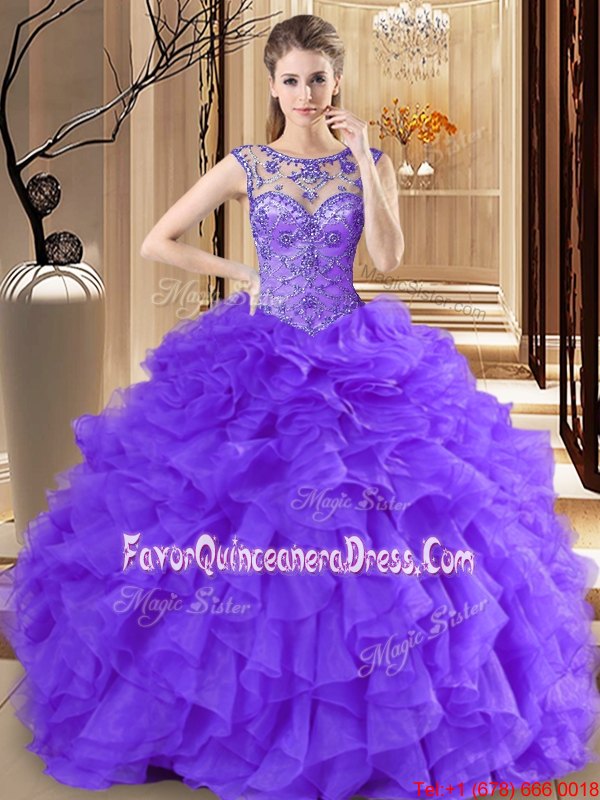  Organza Sleeveless Floor Length 15 Quinceanera Dress and Beading and Ruffles