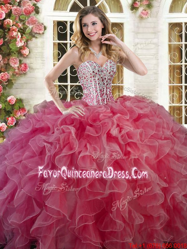 Unique Coral Red Organza Lace Up Sweetheart Sleeveless Floor Length Quinceanera Dresses Beading and Ruffles