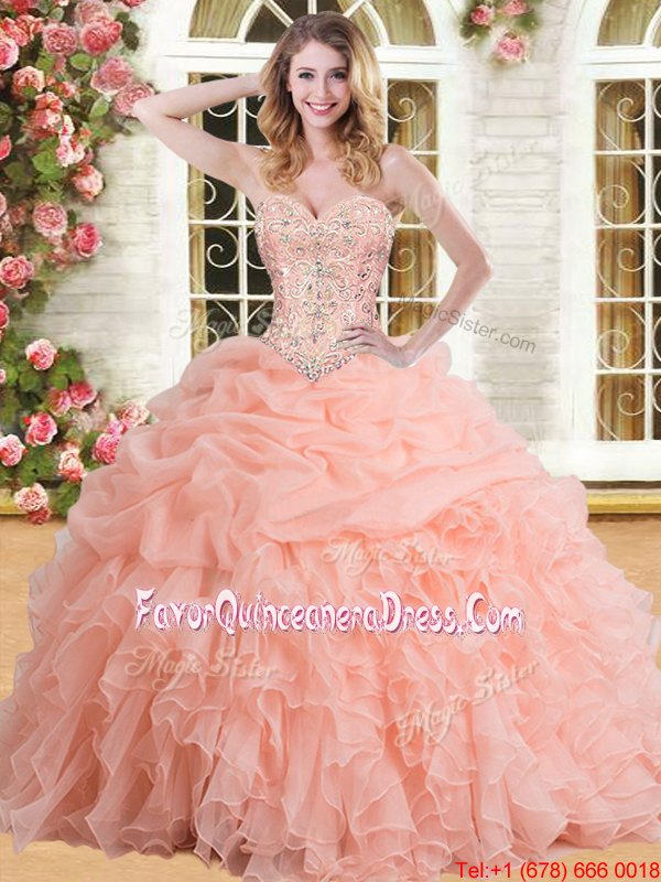  Peach Ball Gowns Sweetheart Sleeveless Organza Floor Length Lace Up Beading and Appliques and Ruffles and Pick Ups Quinceanera Dresses
