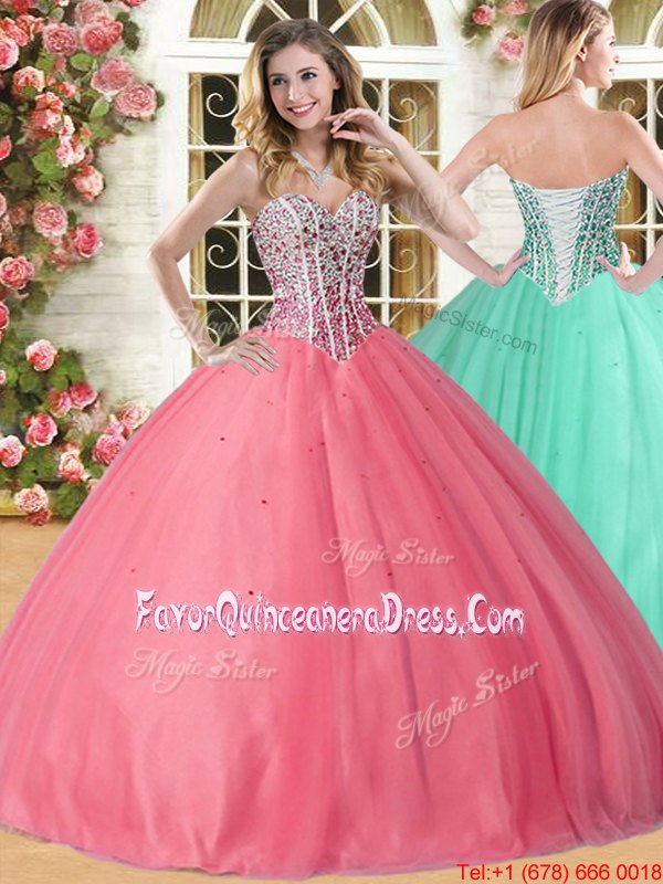 Delicate Sweetheart Sleeveless Quinceanera Gowns Floor Length Beading Coral Red Tulle