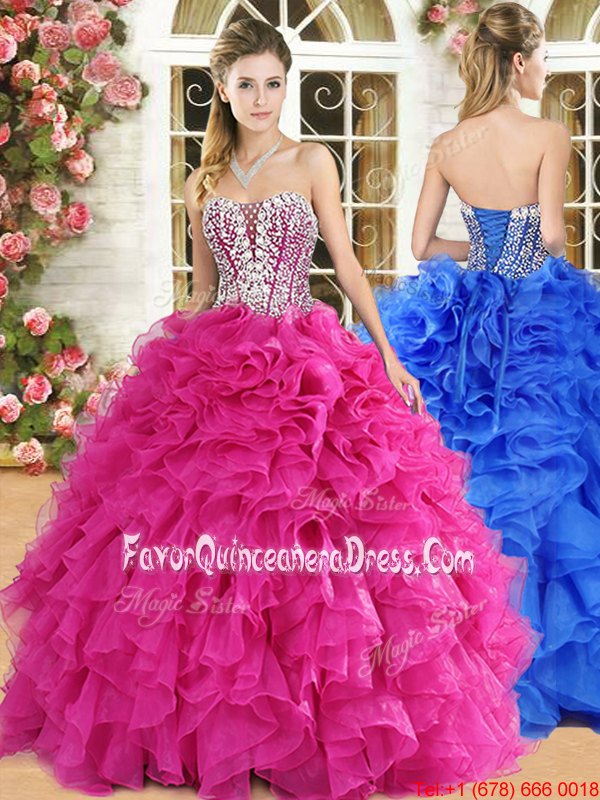 Shining Coral Red Lace Up Sweetheart Beading and Ruffles Quince Ball Gowns Organza Sleeveless