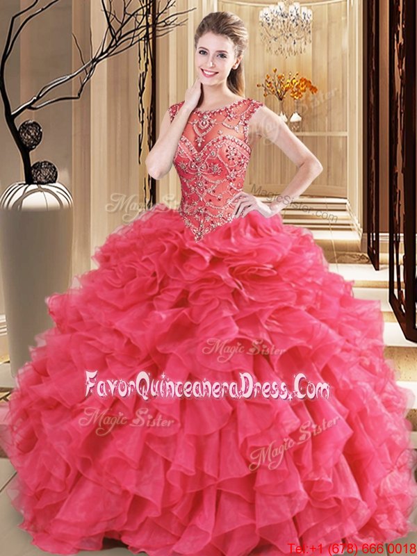 Elegant Scoop Coral Red Sleeveless Beading and Ruffles Floor Length Quinceanera Gowns