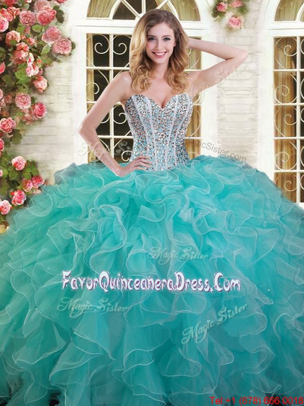 Glorious Aqua Blue Ball Gowns Organza Sweetheart Sleeveless Beading and Ruffles Floor Length Lace Up Quinceanera Gowns