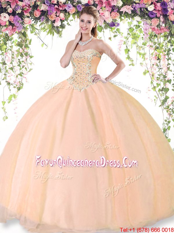 High Quality Tulle Sleeveless Floor Length 15th Birthday Dress and Beading