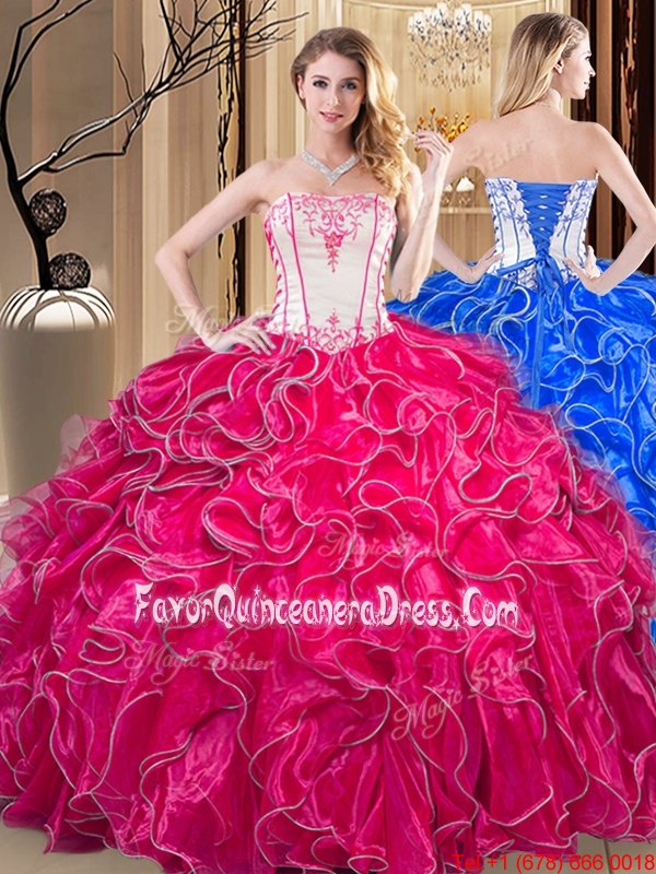  Coral Red Organza Lace Up Strapless Sleeveless Floor Length Ball Gown Prom Dress Embroidery and Ruffles