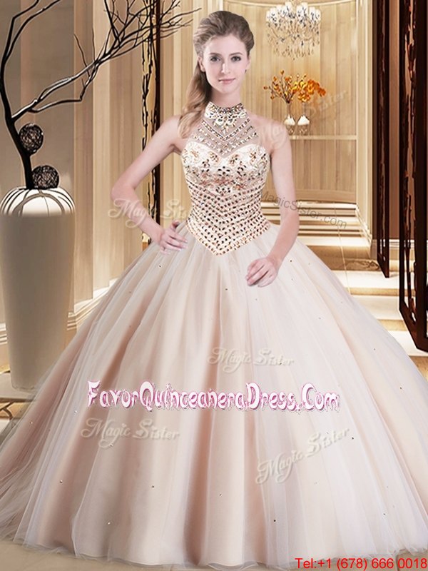 Cheap Halter Top Sleeveless Tulle With Brush Train Lace Up Quince Ball Gowns in Peach for with Beading