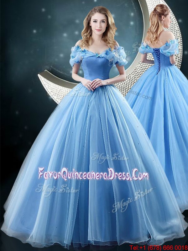  Off the Shoulder Sleeveless With Train Appliques Lace Up Quinceanera Gown with Baby Blue Brush Train
