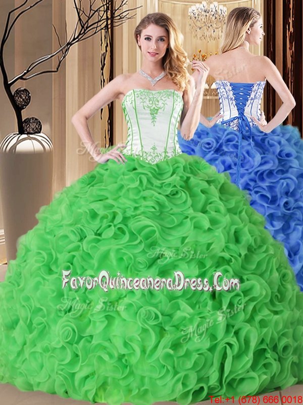 Hot Sale Embroidery and Ruffles Quince Ball Gowns Lace Up Sleeveless Floor Length