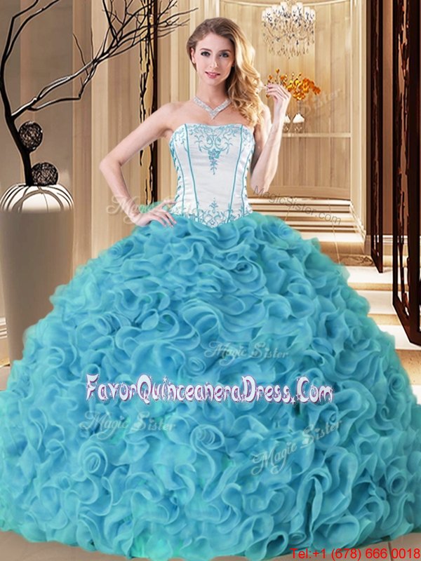  Aqua Blue Sleeveless Fabric With Rolling Flowers Lace Up Quince Ball Gowns for Military Ball and Sweet 16 and Quinceanera
