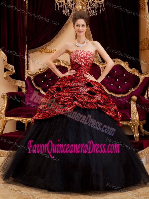 Qualified Taffeta Tulle Zebra Print Beaded Sweet 16 Dress in Red and Black