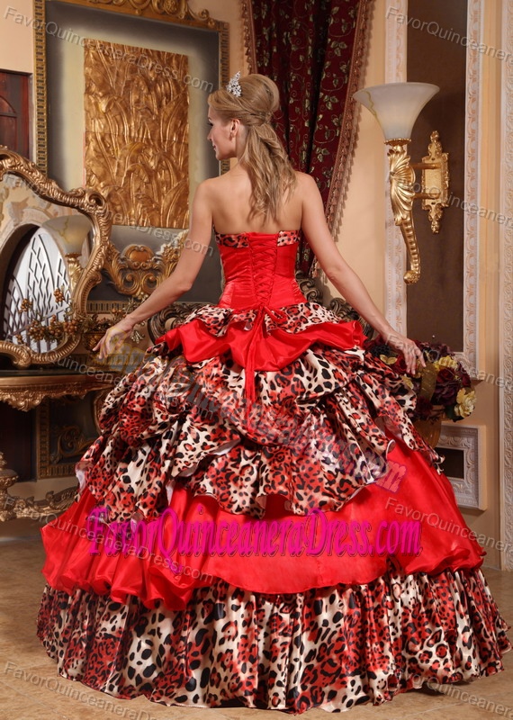 Stylish Taffeta Red Ball Gown Tiered Quince Dresses with Leopard Print