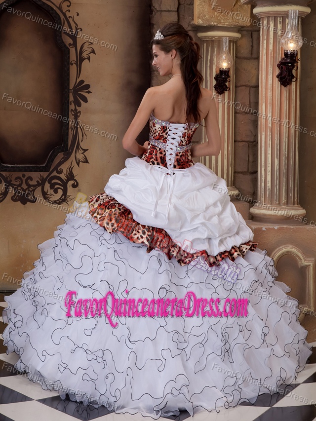Cheap Taffeta Organza Leopard Print Ruffled Sweet 15 Dress in Multi-color