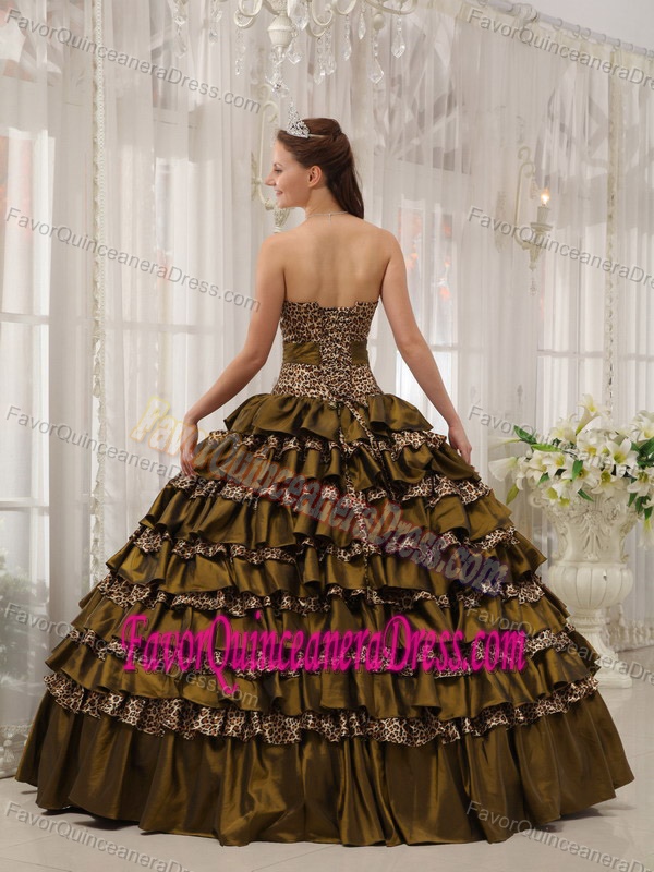 Soft Taffeta Olive Green Tiered Sweet Sixteen Dresses with Leopard Print