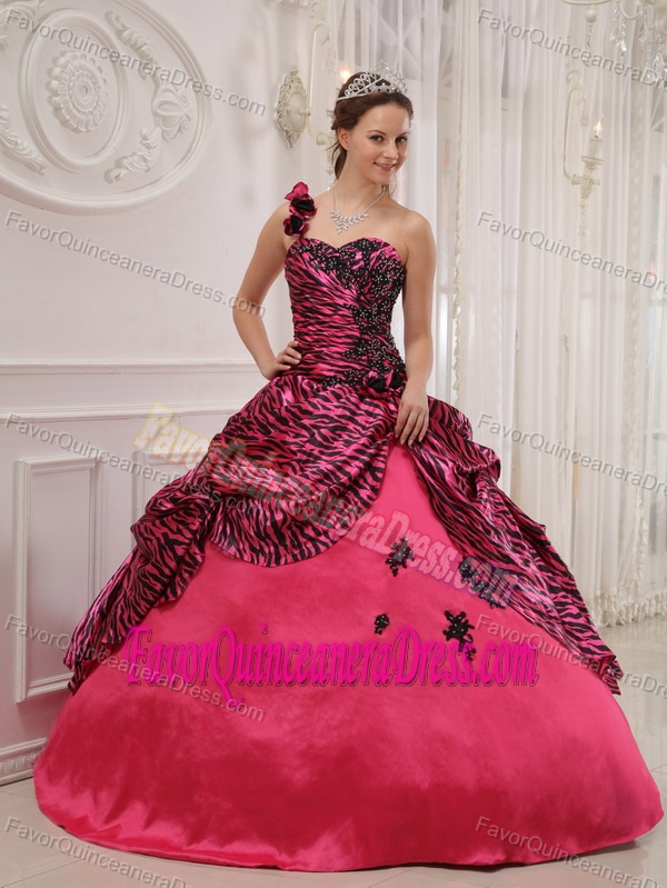 Exclusive One Shoulder Zebra Print Quinceanera Gown in Hot Pink and Black