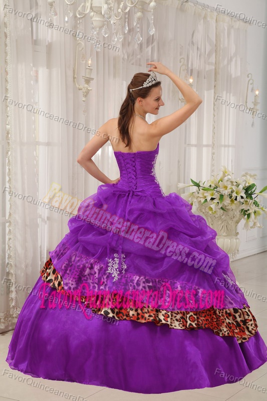 Good Quality Leopard Print Organza Appliqued Quinces Dress in Purple