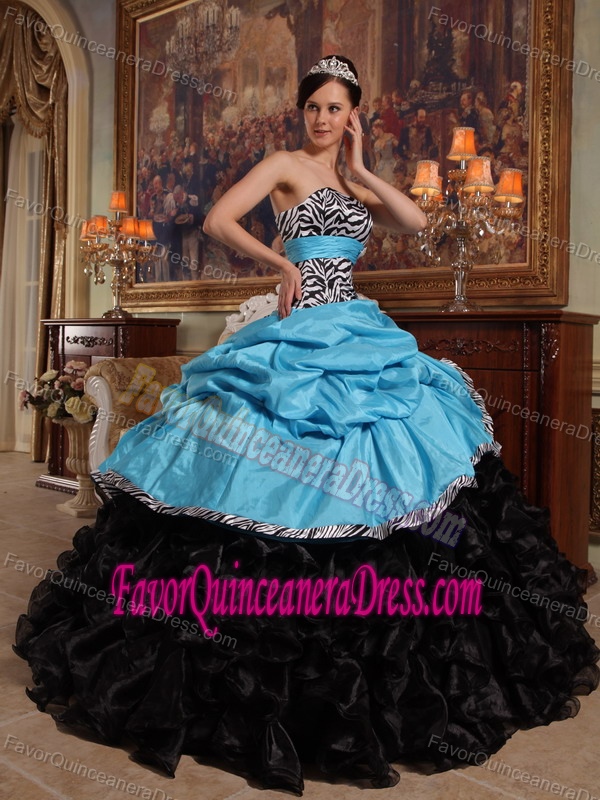 New Taffeta Organza Ruffled Blue and Black Quince Dress with Zebra Print