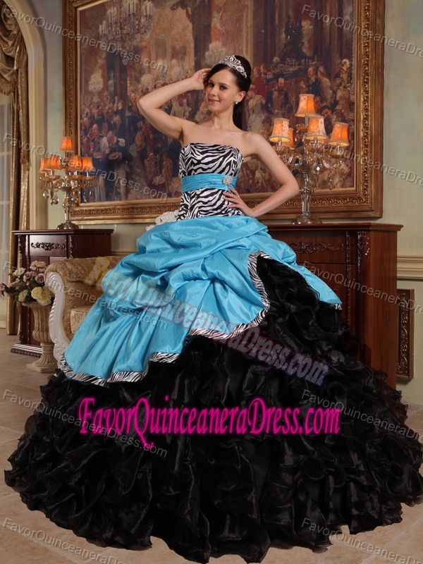 New Taffeta Organza Ruffled Blue and Black Quince Dress with Zebra Print